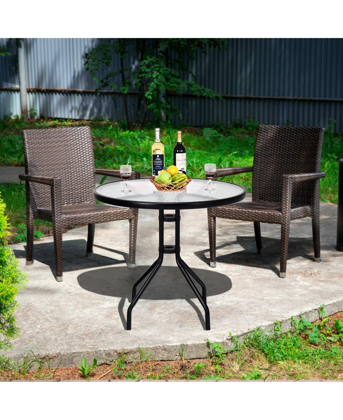 Sugift 32 Inch Outdoor Patio Round Tempered Glass Top Table with Umbrella Hole