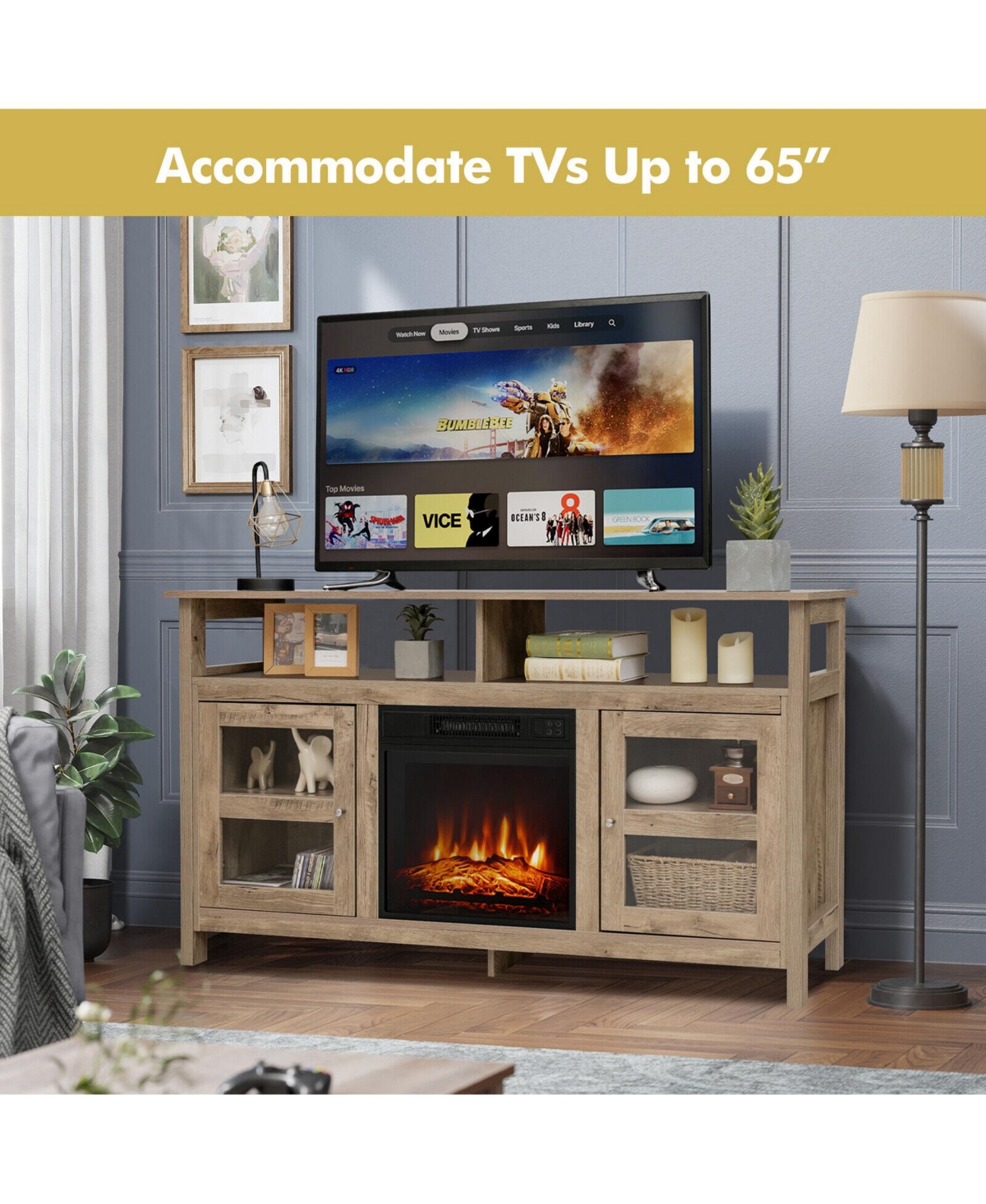 Gymax 58'' Fireplace Tv Stand W/18'' 1400W Electric Fireplace up to 65''- Natural