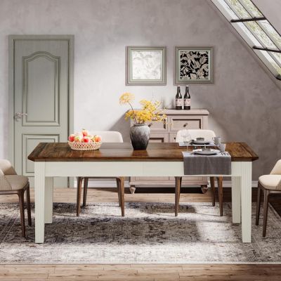 Dining Table for 4-6 People, 62-Inch Rectangular Kitchen Table with Solid Wood Legs, Modern Farmhouse Dinner Table for Dining Room, Kitchen, Living Room, Rustic Brown & White
