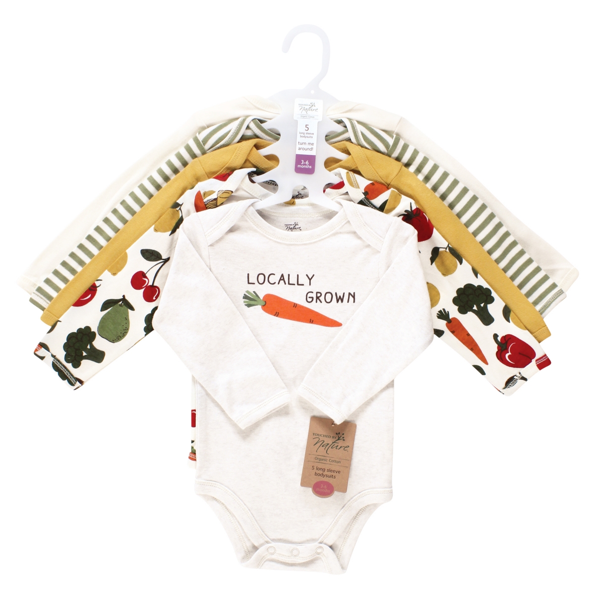 Touched by Nature Baby Boys Organic Cotton Long-Sleeve Bodysuits, Months - Happy veggies