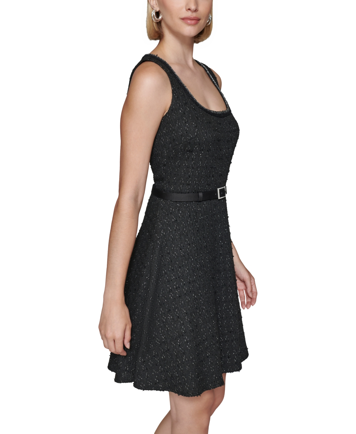 Karl Lagerfeld Paris Women's Boucle Tweed Belted Dress -silv