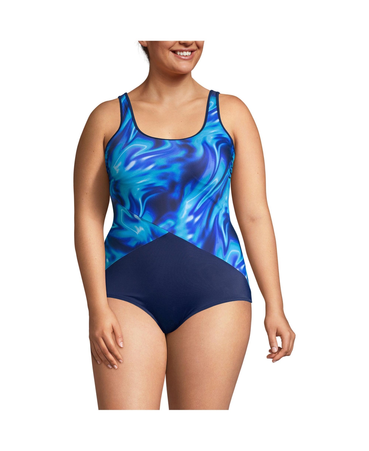 Plus Size Tummy Control Chlorine Resistant Soft Cup Tugless Sporty One Piece Swim - Multi swirl/deep sea navy mix