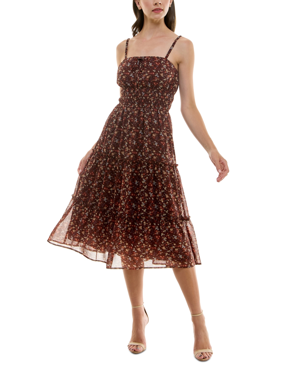Trixxi Juniors' Cinched-waist Tiered Midi Dress In Brownflor