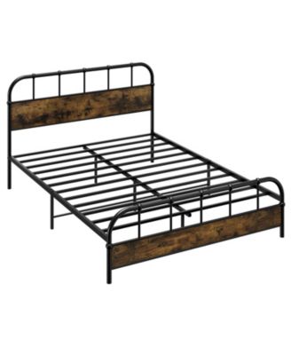 Queen Size Industrial Metal Platform Bed Frame with Headboard Mattress Foundation-Coffee