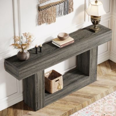 63" Console Table, Farmhouse 2-Tier Entryway Table with U-Shaped Base, Narrow Long Wood Sofa Table Behind Couch Table