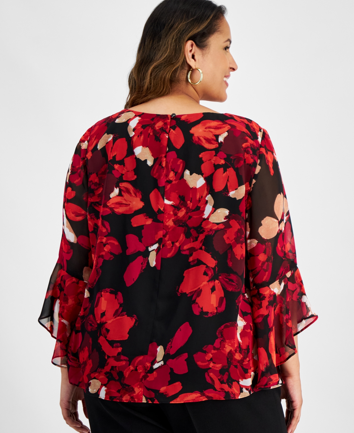 Kasper Plus Size Floral-Print Bell-Sleeve Scoop-Neck Top