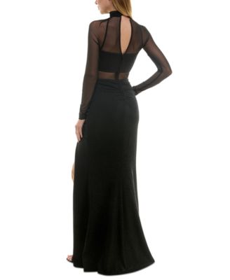 Juniors' Mock-Neck Long-Sleeve Slit-Front Gown 