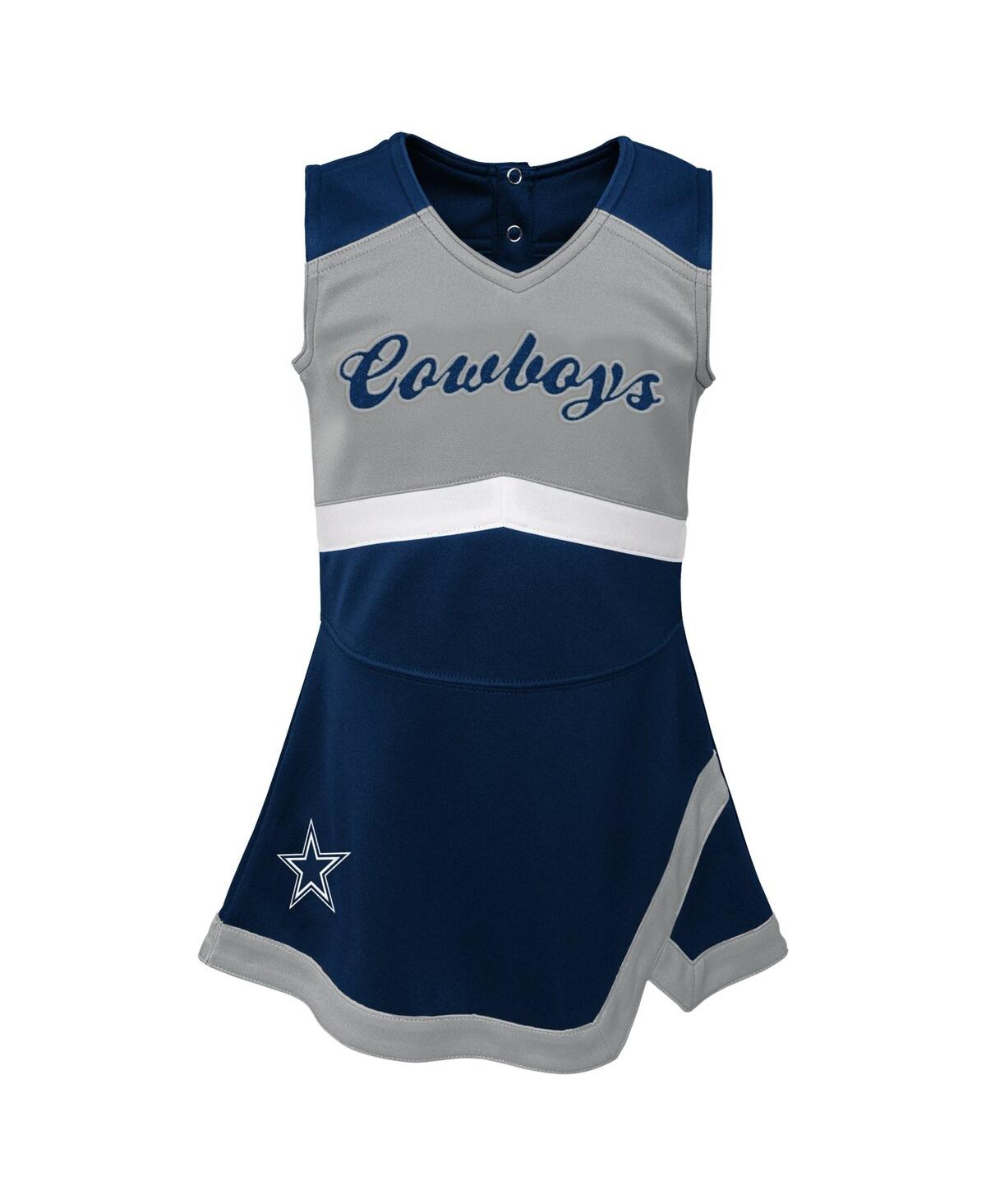 Outerstuff Girls Preschool Navy Dallas Cowboys Two-piece Cheer Captain Jumper Dress With Bloomers Set In Navy,heather Gray