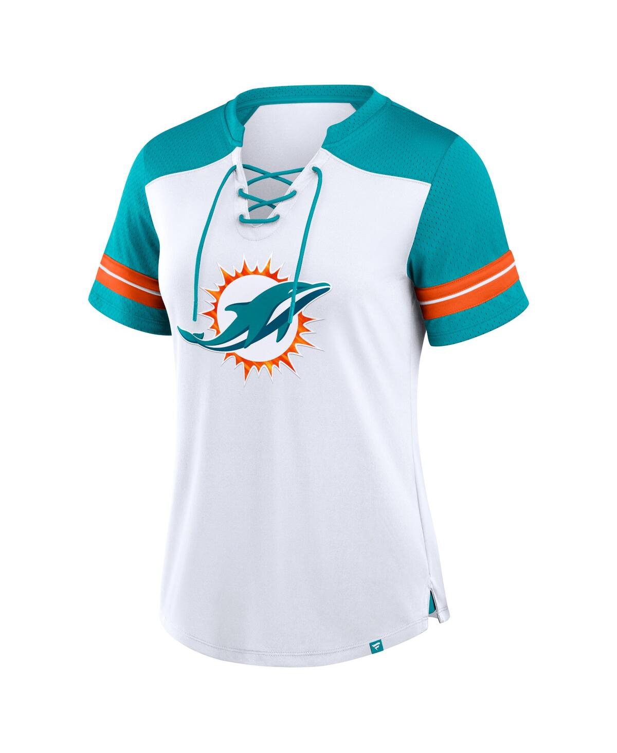 Fanatics Women's White/aqua Miami Dolphins Foiled Primary Lace-up T-shirt In White,aqua