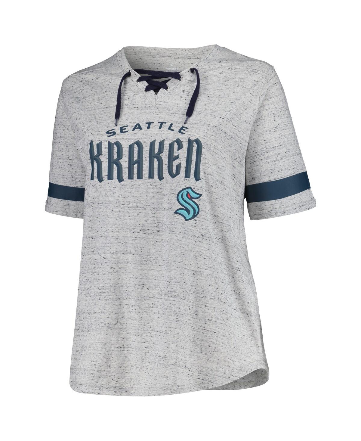 Fanatics Women's Heather Gray Seattle Kraken Plus Size Lace-up T-shirt In Heather Gray,navy