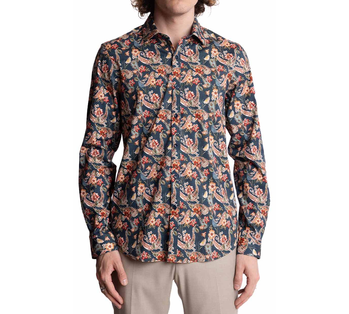 Men's Samuel Slim-Fit Floral Paisley Button-Down Shirt - Teal Peach