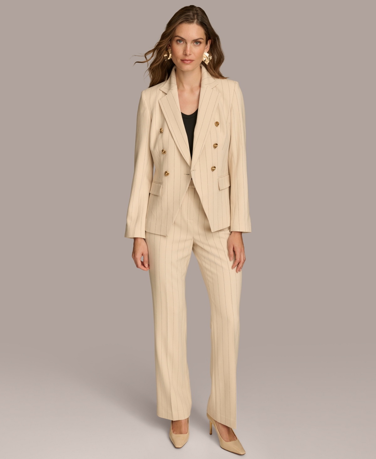 Donna Karan New York Women's Pinstripe Double Breasted Blazer -Black