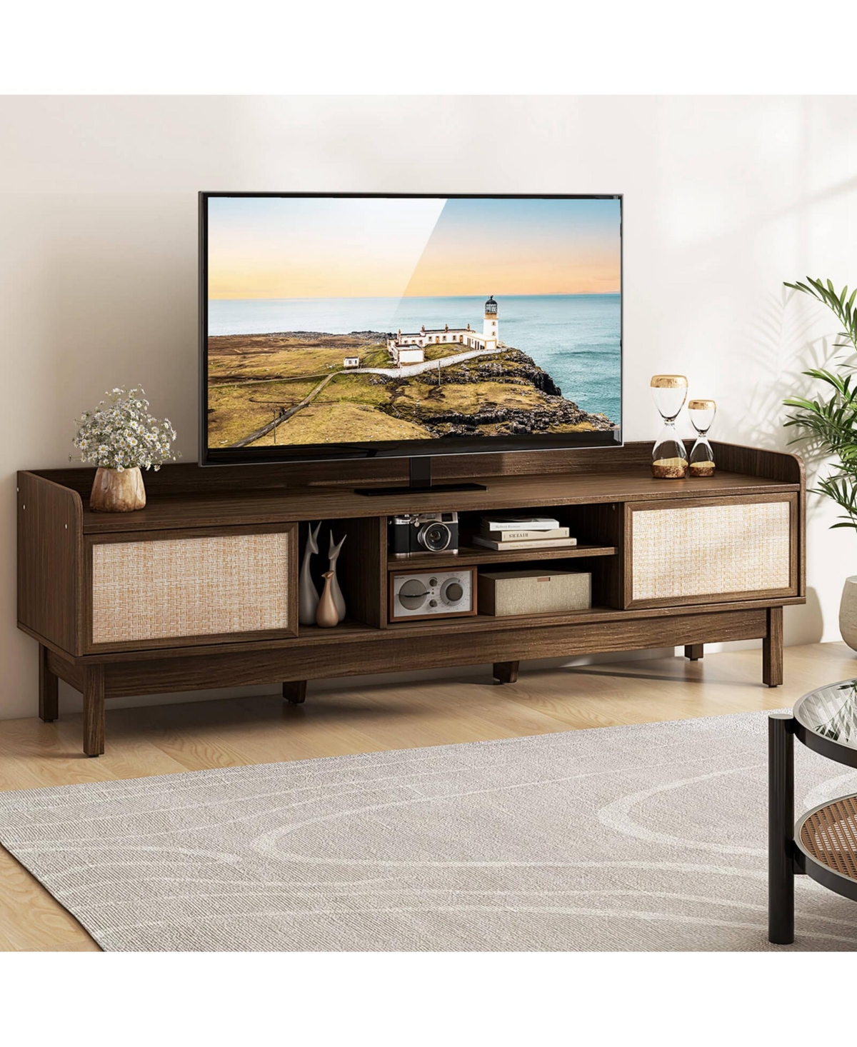Costway Wooden Tv Stand for TVs up to with Storage Adjustable Shelf & Sliding Doors