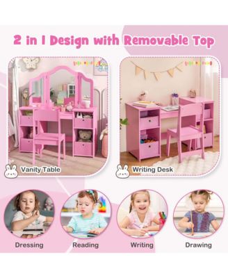 Kids Vanity Table &amp; Chair Set 2-in-1 Princess Pretend Play Makeup Vanity Set