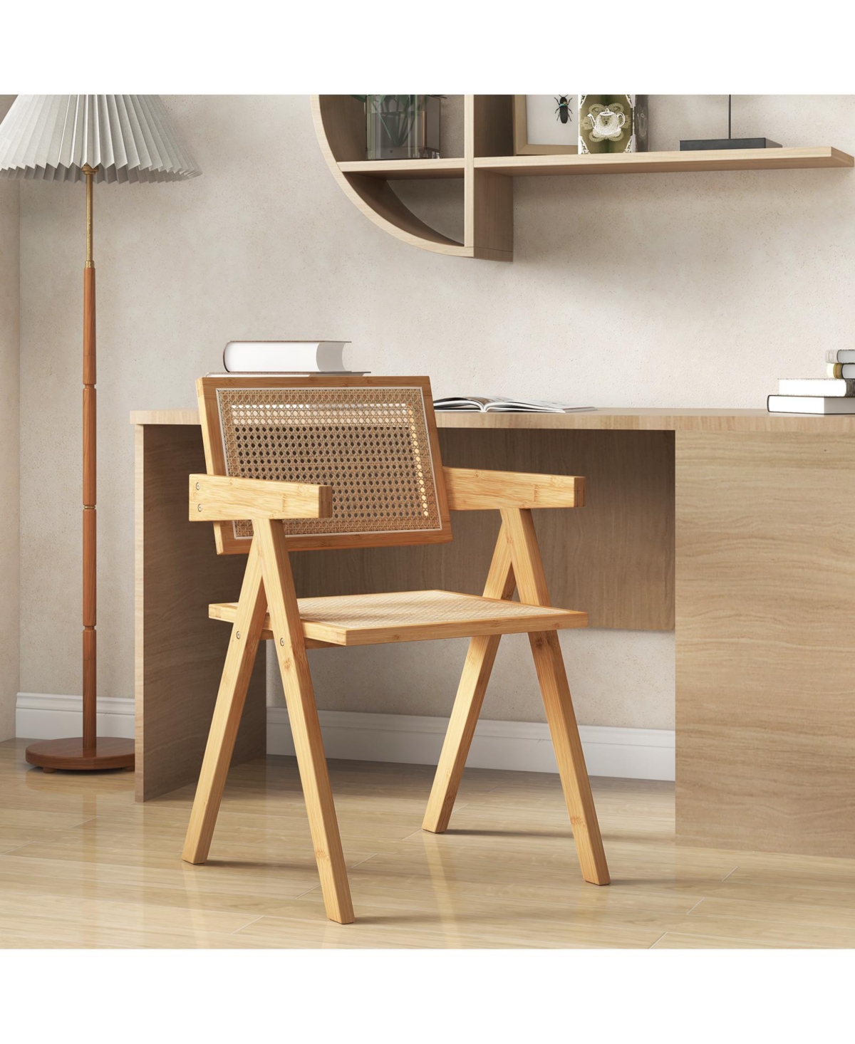 Costway Set of 4 Rattan Accent Chairs Mid Century Dining Armchair Bamboo Frame Kitchen