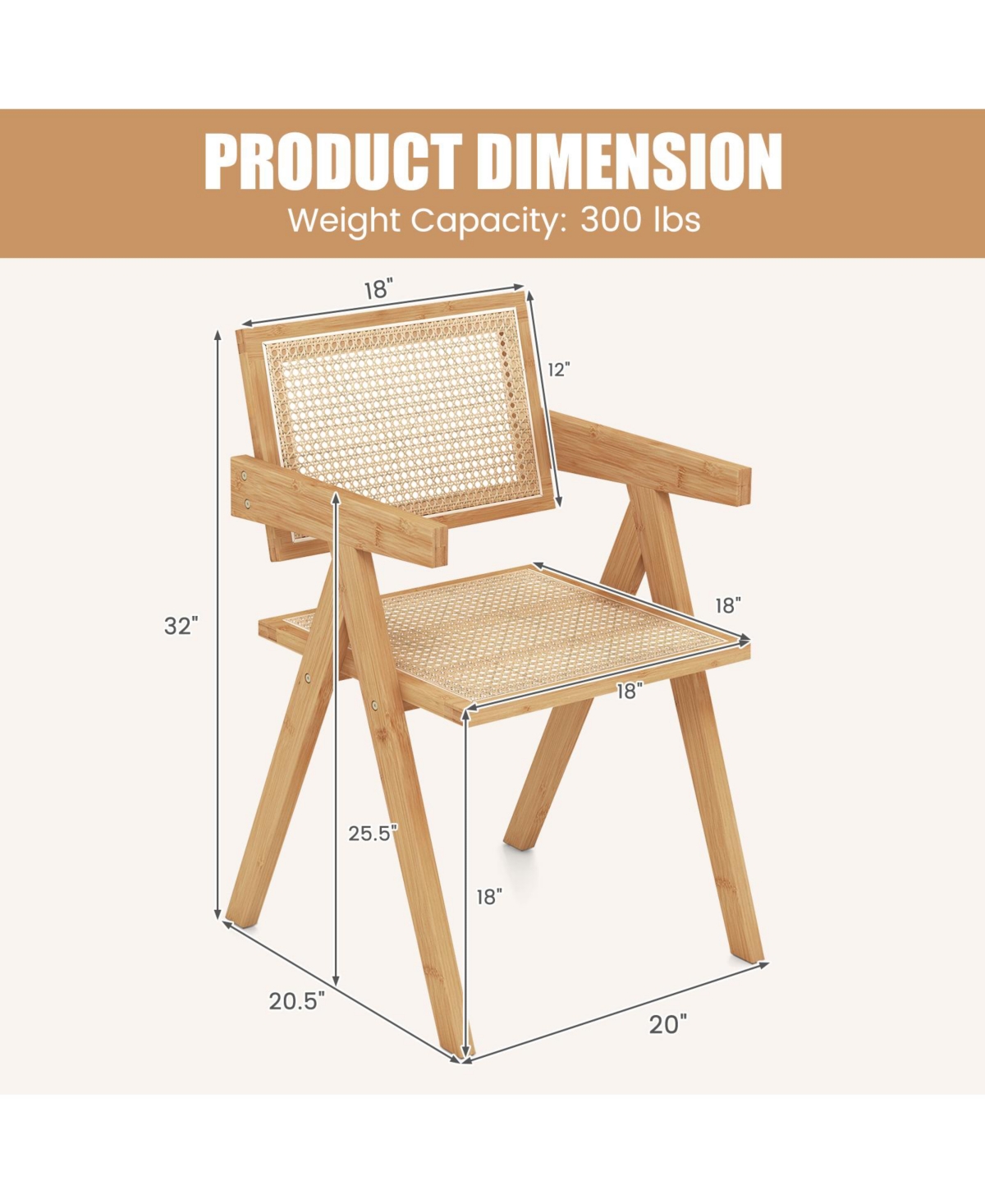 Costway Set of 4 Rattan Accent Chairs Mid Century Dining Armchair Bamboo Frame Kitchen