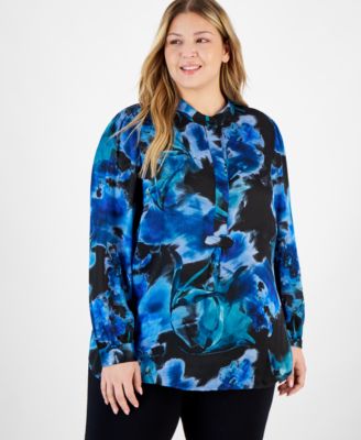 Anne Klein - Plus Size Watercolor-Print Long-Sleeve Blouse