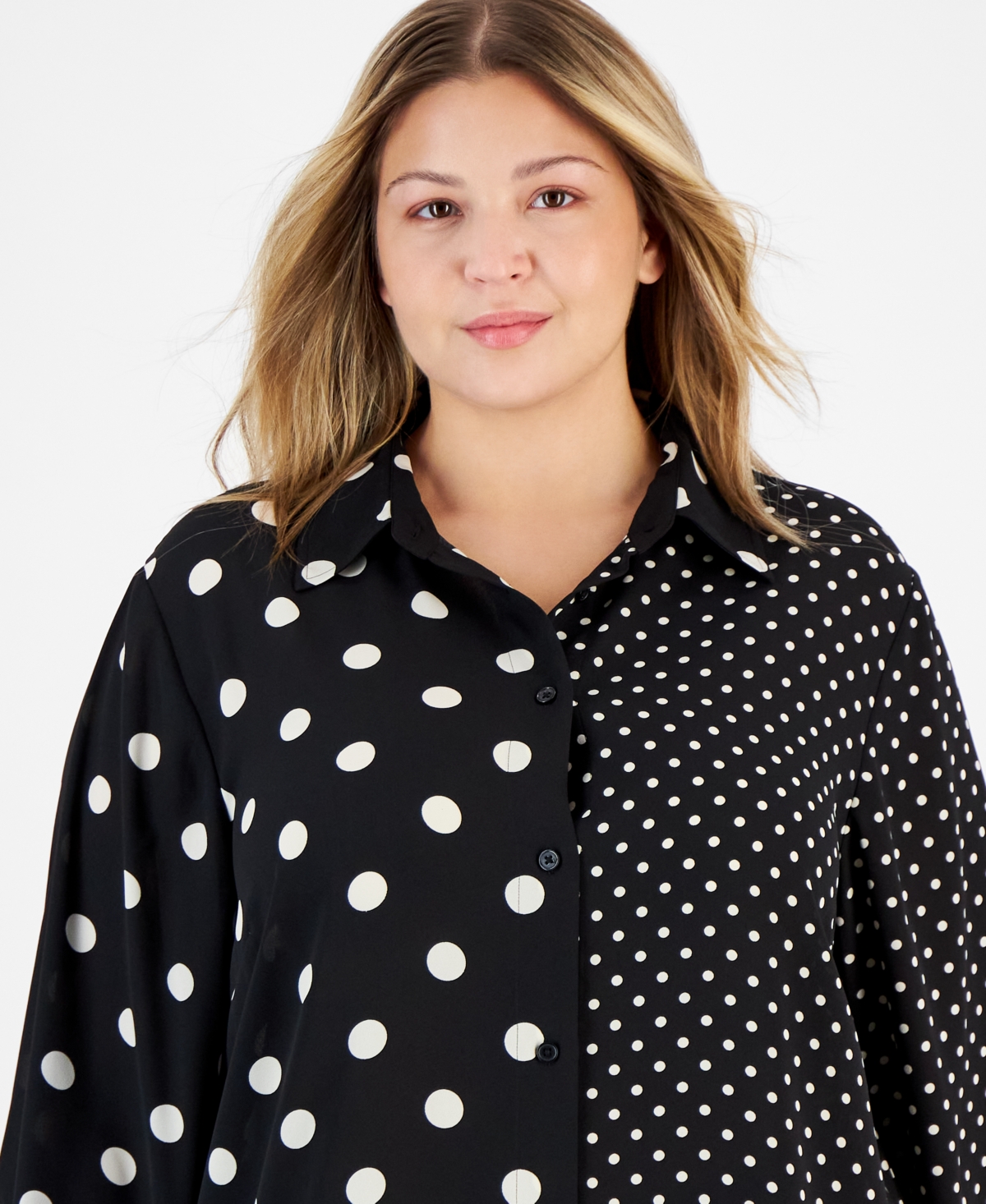 Anne Klein Plus Size Mixed Dot-Print Long-Sleeve Blouse