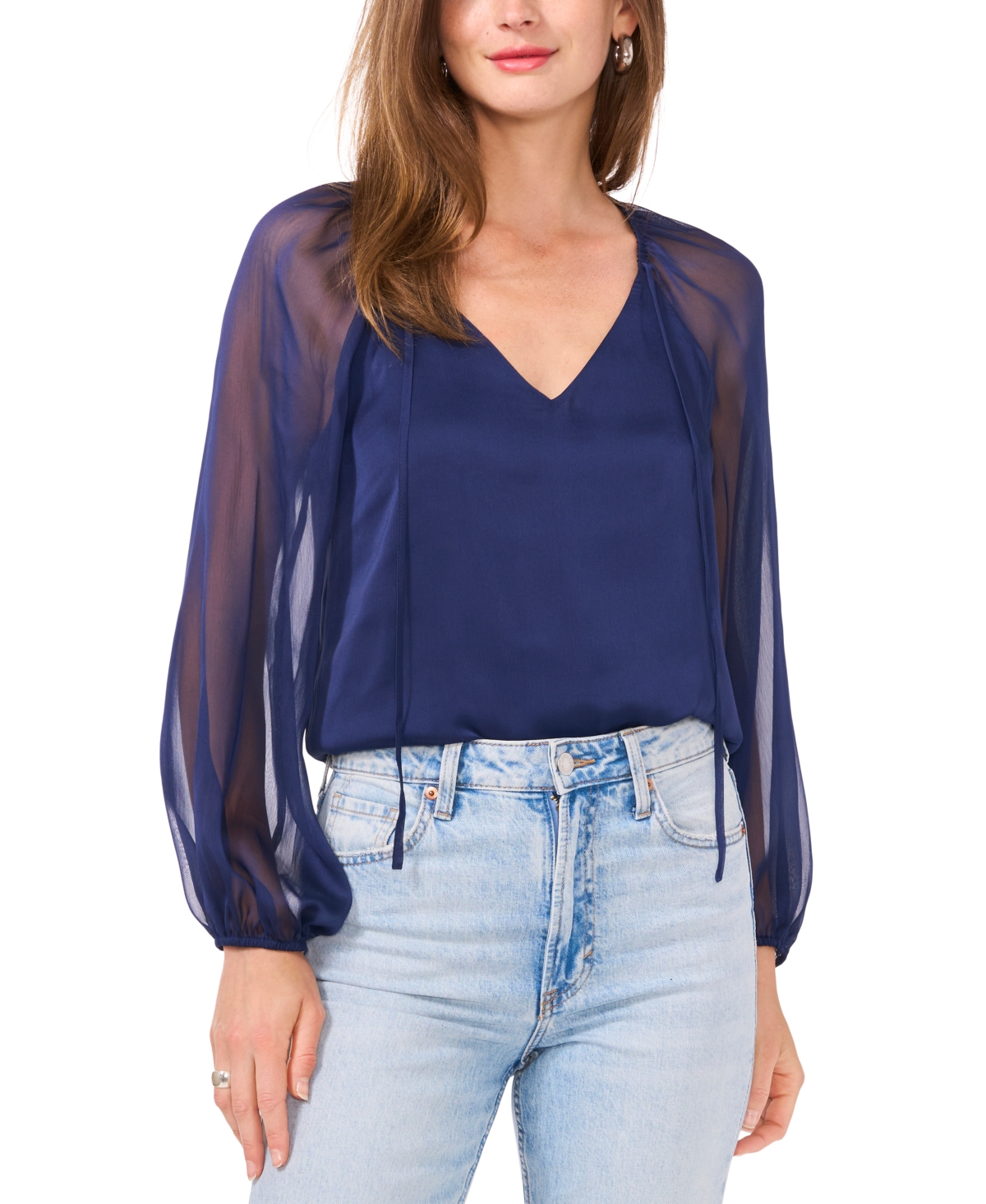 Women's Chiffon-Sleeve V-Neck Blouse - Indigo Night