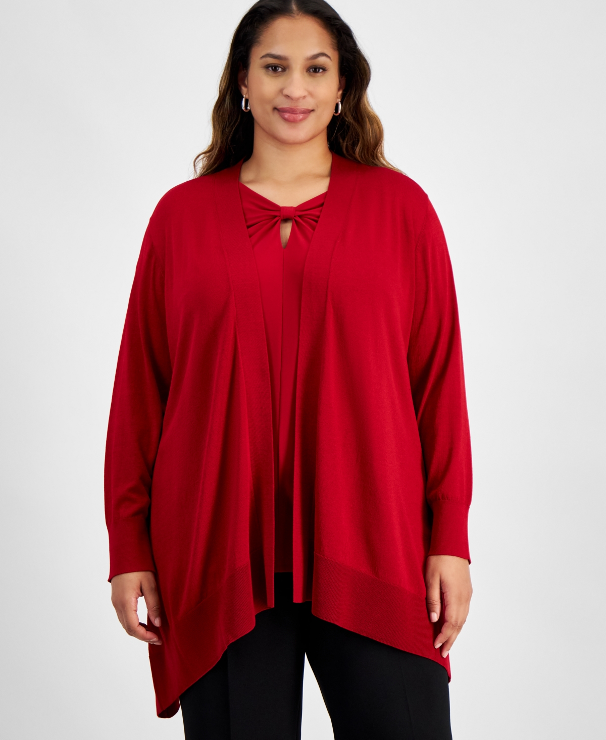 Kasper Plus Size Long-sleeve Open-front Cardigan In Fire Red