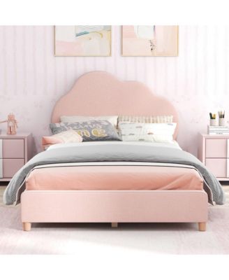 Kids Twin Platform Bed Frame Upholstered Twin Size Bed with Wooden Slats Support