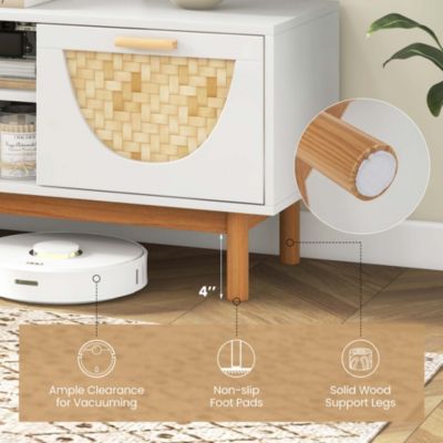 TV Stand for 55-Inch TVs with 2 Drawers & Bamboo Woven Fronts Solid Wood Legs