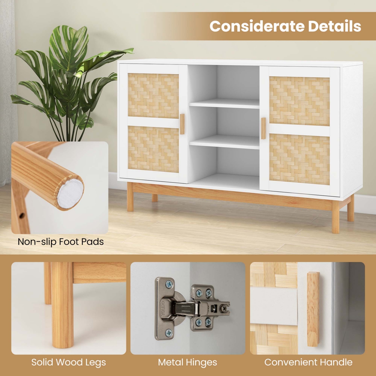 Costway Sideboard Buffet Cabinet with 2 Bamboo Woven Doors 3 Open Shelves for Kitchen