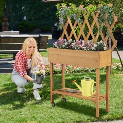 Wood Raised Garden Bed with Trellis Storage Shelf Wheels Liner Drainage Holes