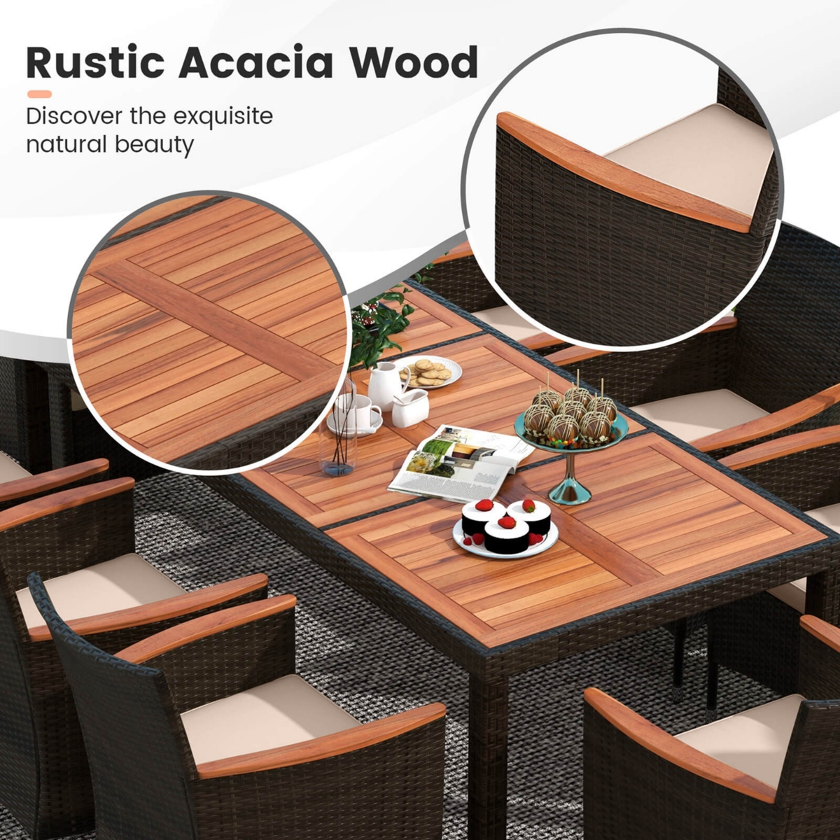 Costway 11 Pcs Patio Wicker Dining Set with Double-Sided Outdoor Umbrella 8 Stackable Chairs