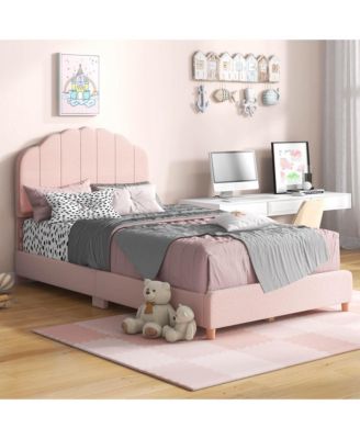 Kids Twin Platform Bed Frame Upholstered Twin Size Bed with Wooden Slats Support