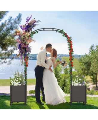 6.6 FT Tall Metal Garden Arbor with 2 Raised Garden Planters Arch Trellis Outdoor