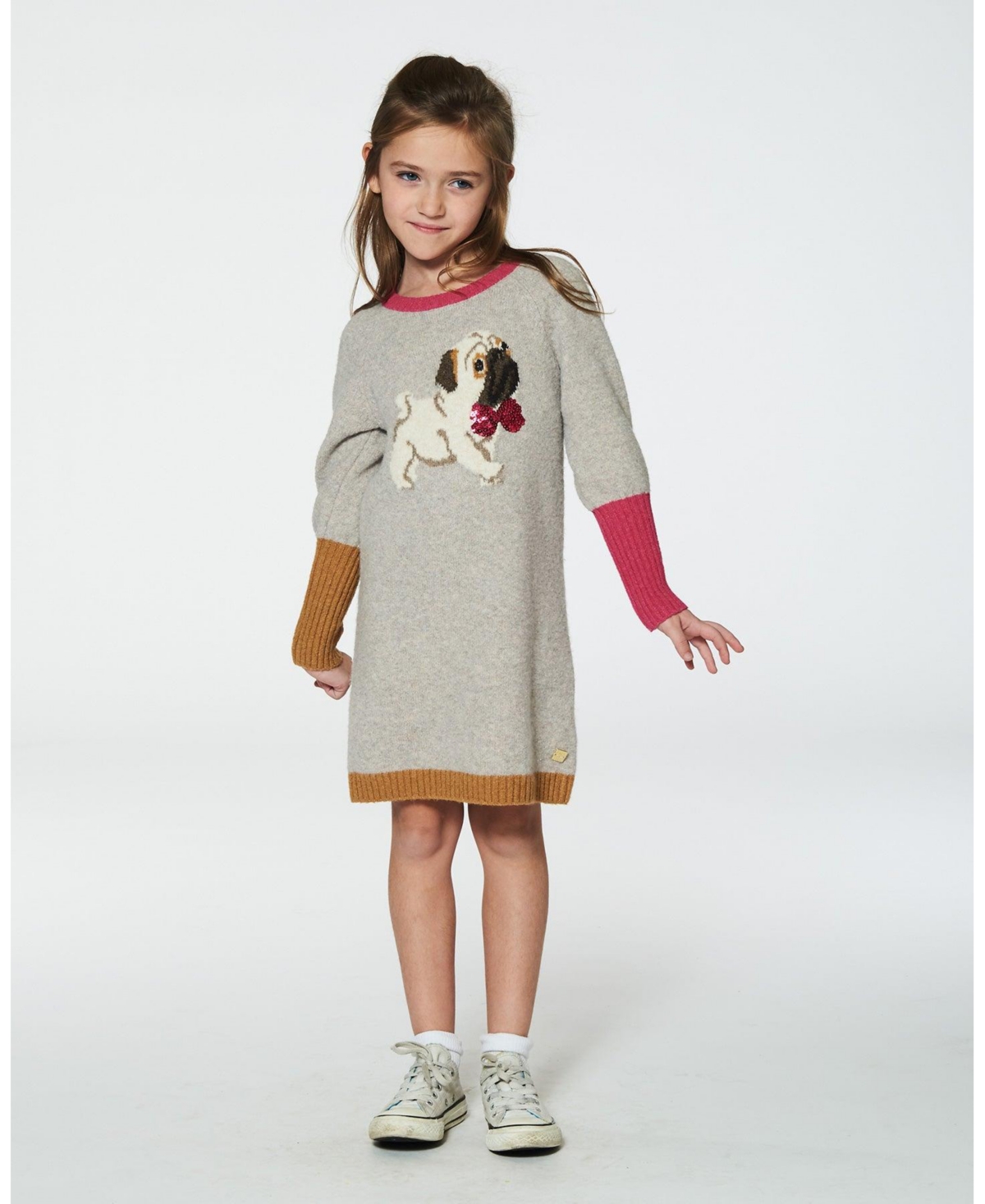 Deux par Deux Big Girls Long Sleeve Knit Dress With Pug- Beige mix