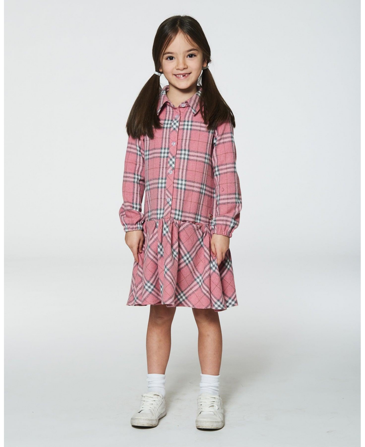Deux par Deux Big Girls Flannel Shirt Dress With Frill- Pink plaid