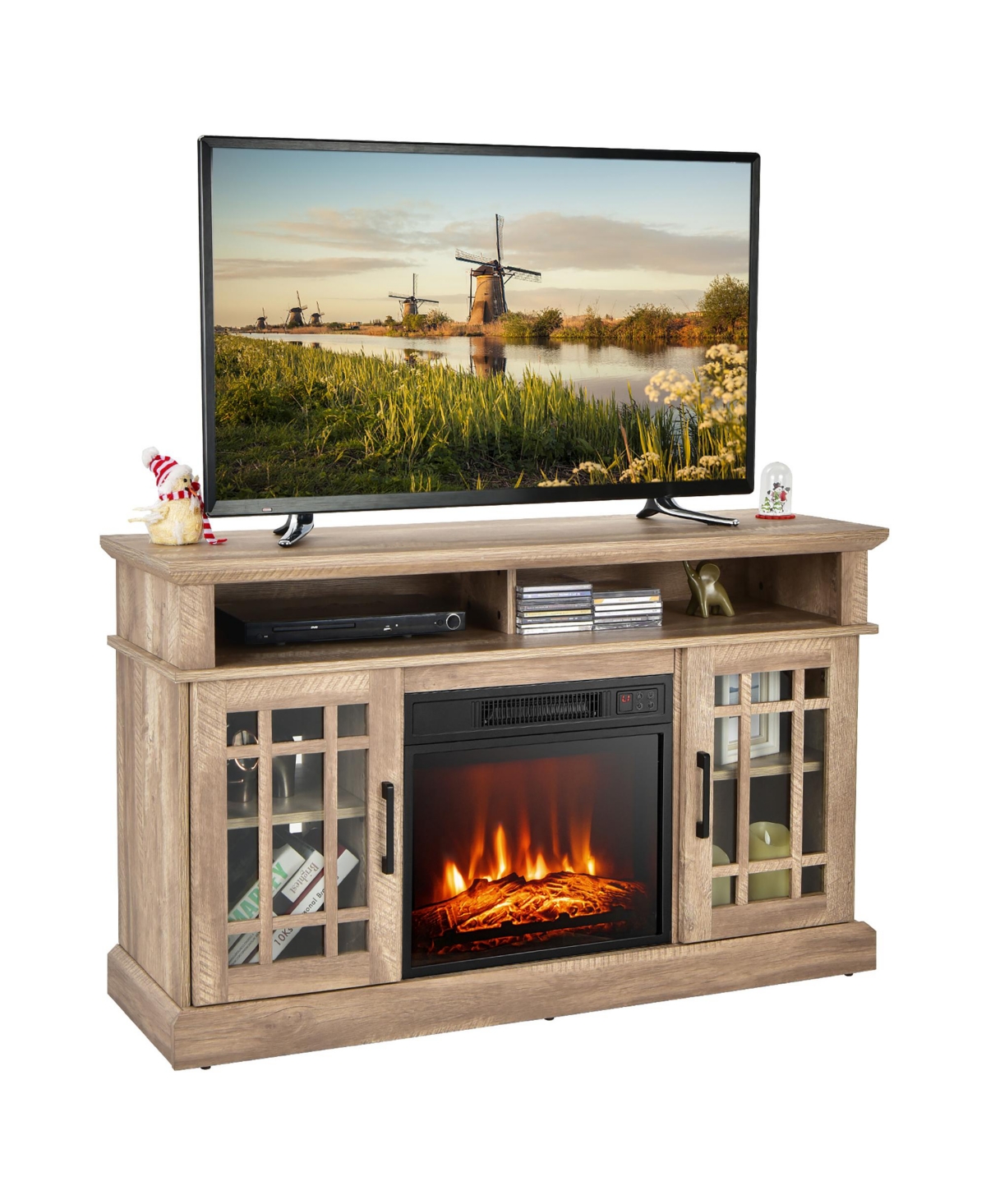Gymax 48'' Tv Stand Console Cabinet w/ Fireplace Entertainment Center For Living Room- Natural