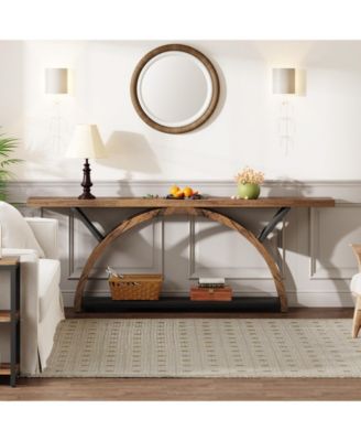 Wood 70.87-Inch Console Table with Storage Shelf and Half Moon Frame