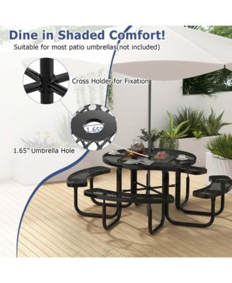 45" Coated Steel Camping Table Outdoor Round Picnic Table & Bench Set for 8