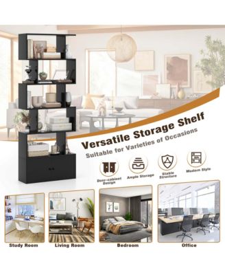 6-Tier S-Shaped Bookcase Storage Rack Bookshelf with Cabinet Anti-toppling Devices