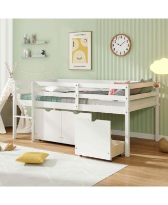 Twin Size Low Loft Bed with 3 Drawers Ladder & Full-length Guardrails Storage