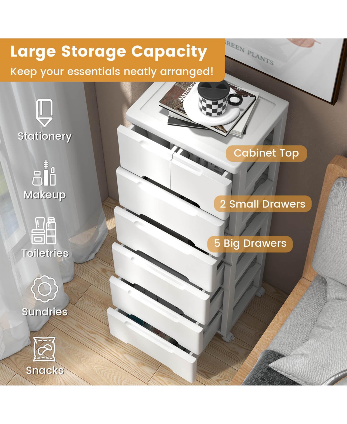Costway 1 Pcs 7-Drawer Plastic Rolling Storage Cart with 4 Universal Wheels Dresser Cabinet