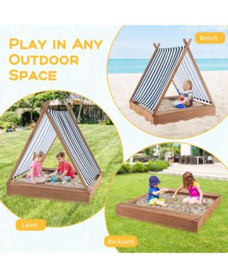 Wooden Sandbox with Canopy Tent Design Fir Wood Frame 2 Bench Seats Bottom