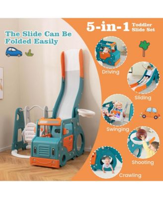 5-in-1 Toddler Slide Set with Basketball Hoop and Swing Baby Slide Playset Indoor