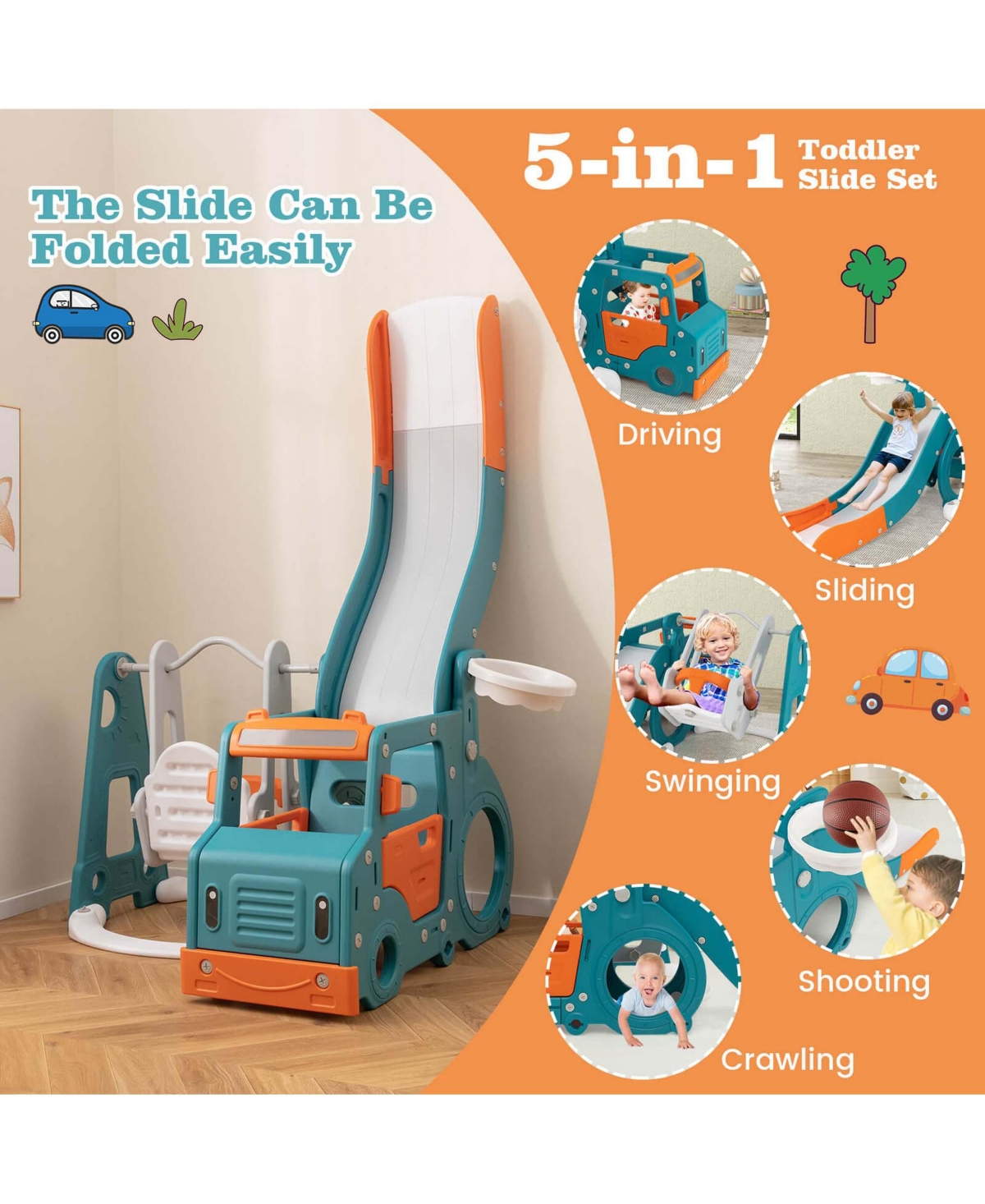 Costway 5-in-1 Toddler Slide Set with Basketball Hoop and Swing Baby Slide Playset Indoor