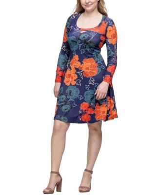 Women's Navy Floral Print Long Sleeve Knee Length Dress
