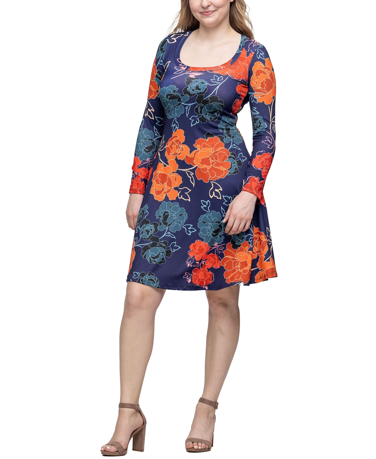 24seven Comfort Apparel Women's Navy Floral Print Long Sleeve Knee Length Dress In Navy Multi