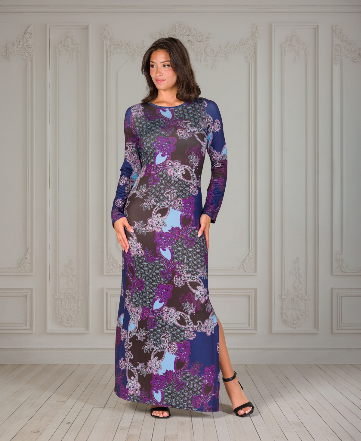 24seven Comfort Apparel Women's Purple Paisley Long Sleeve Side Slit Fitted Maxi Dress In Purple