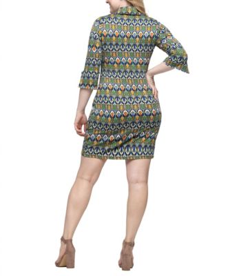 Women's Green Print Three Quarter Sleeve Mini Dress