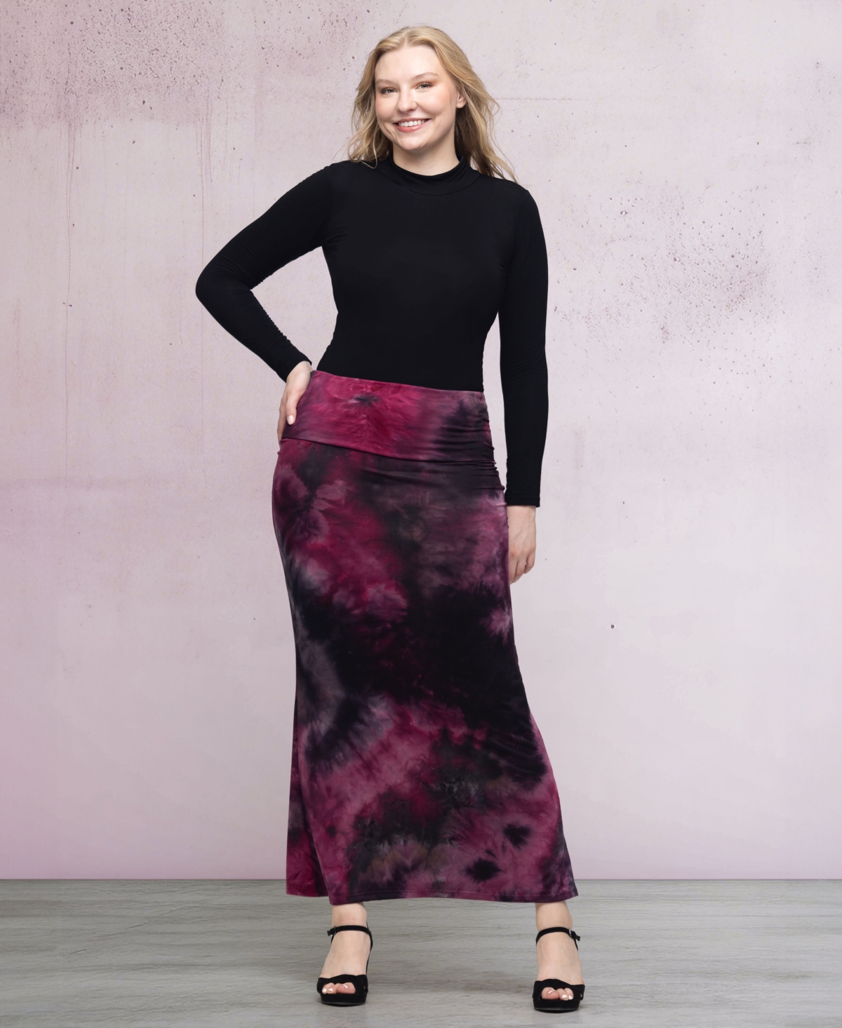 Shop 24seven Comfort Apparel Women's Pink Tie Dye Fold Over Waist Maxi Skirt In Brown Multi