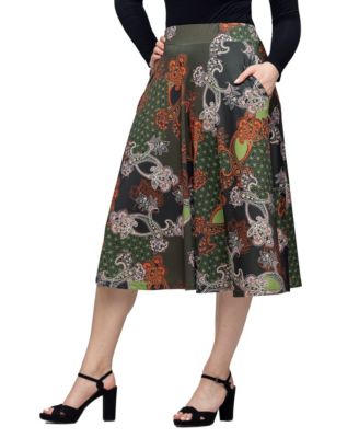 Women's Green Print Elastic Waist Pocket Midi Skirt