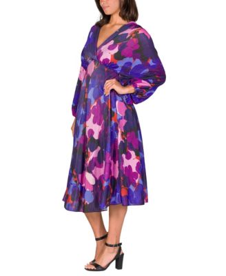 Women's Pleated V Neck Empire Waist Midi Dress