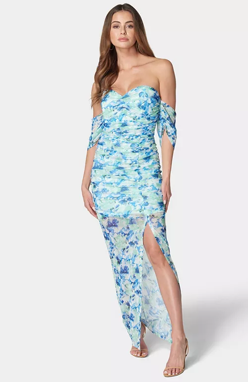 women's printed off shoulder mesh dress